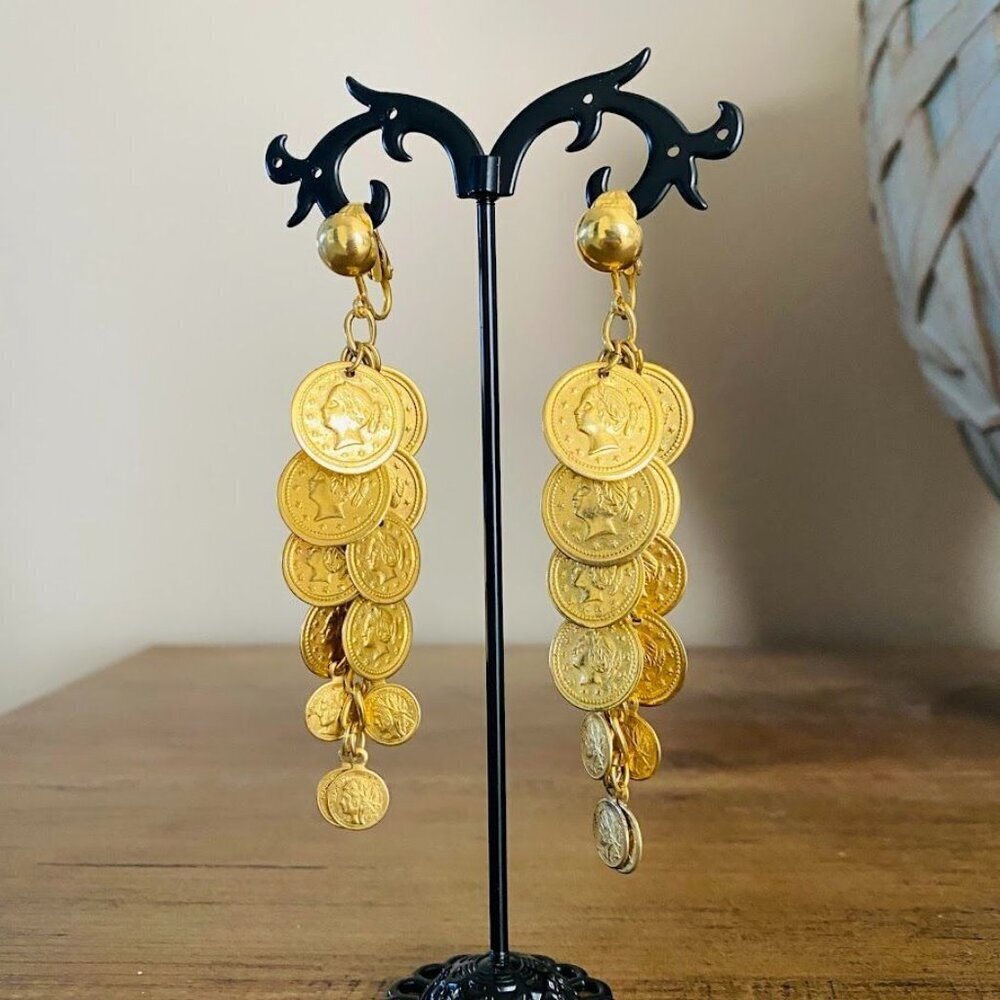 Vintage Gold Coin Cascade Dangle Clip-On Earrings Roman Coin